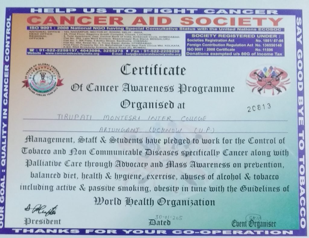 Certificate of Social Service from Caring Souls Foundation